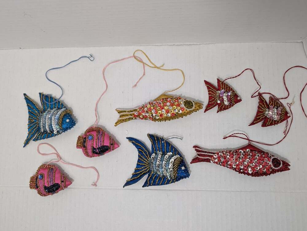 Vintage Indian Zardozi Fish Ornaments: 8 Hand-Stitched Satin with Sequins/Beads